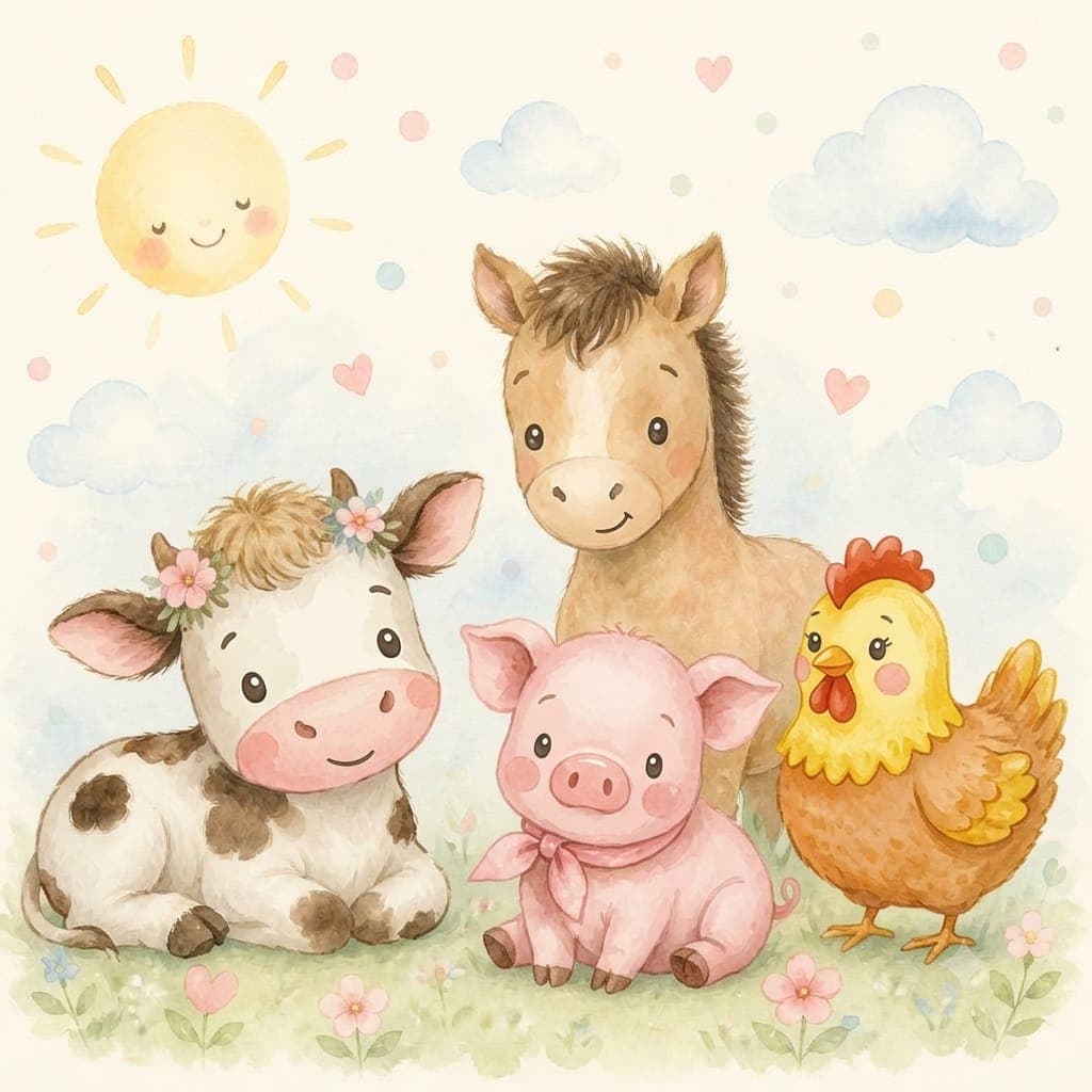 Aquarela delicada de bezerrinho, cavalinho, porquinho e galinha com bochechas rosadas