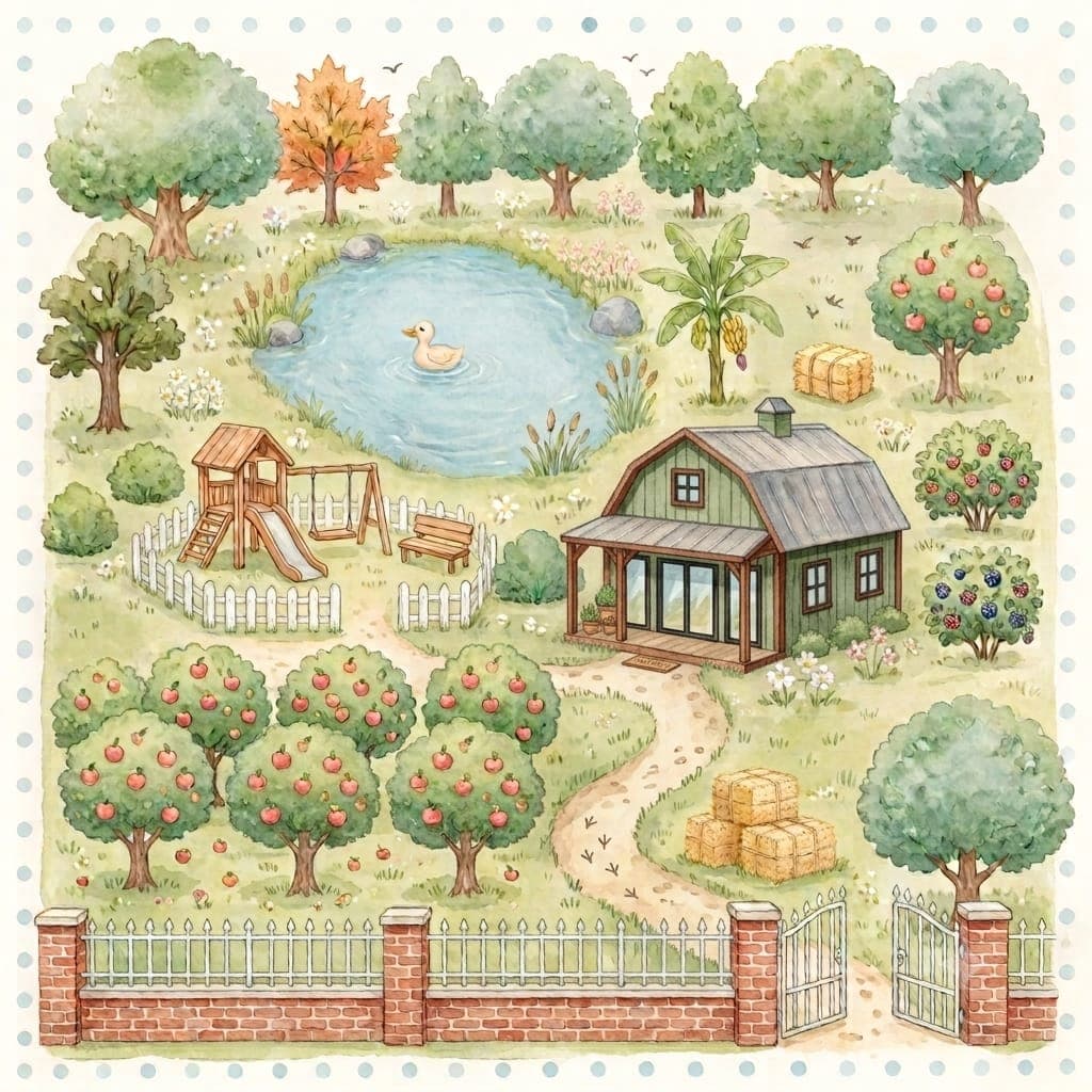 Ilustração do sítio vista de cima, com lago de patinho, pomar, playground, casa e área com fardos de feno